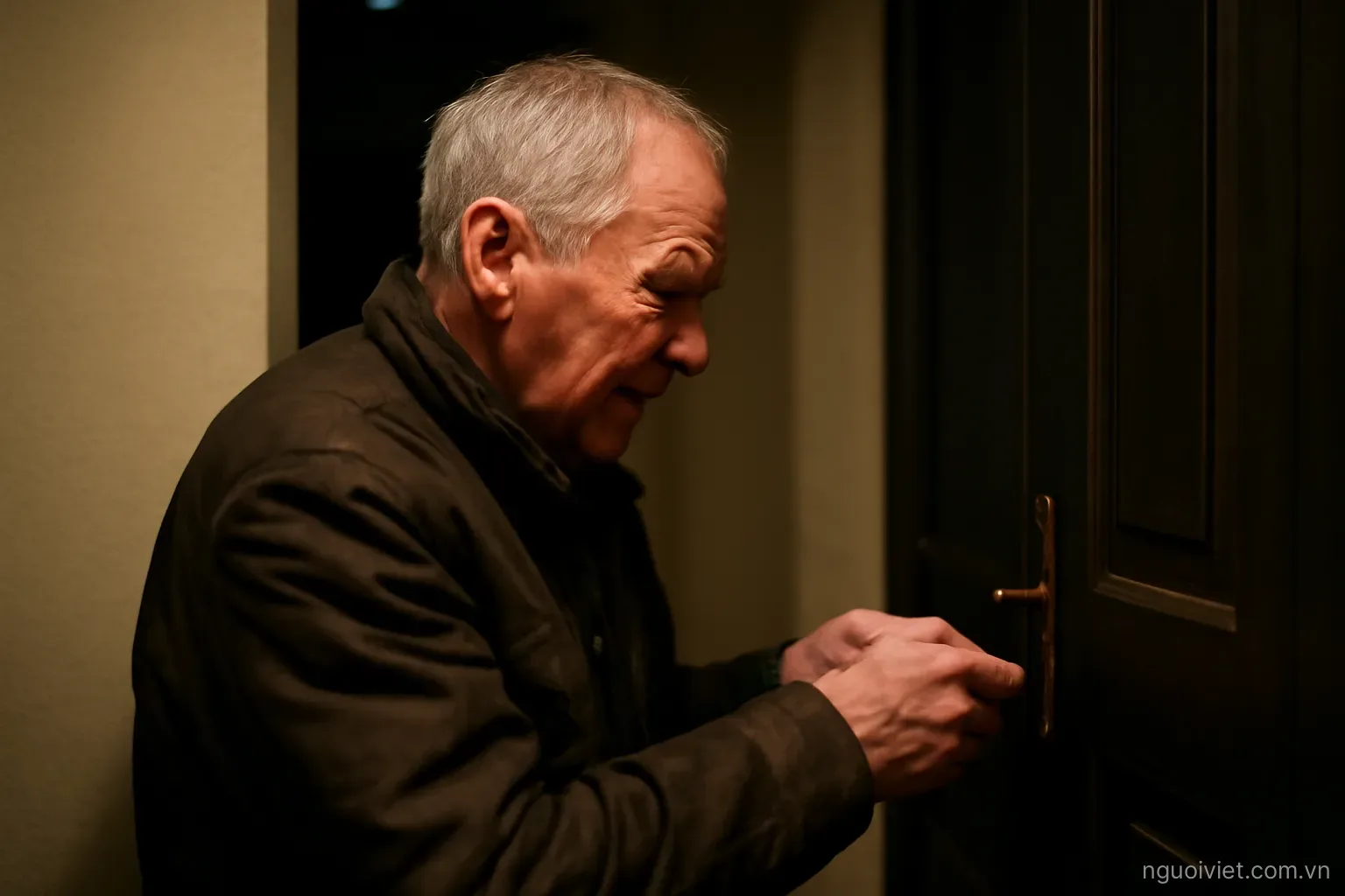 an older man locking the door of a small hall at night with keys in hand