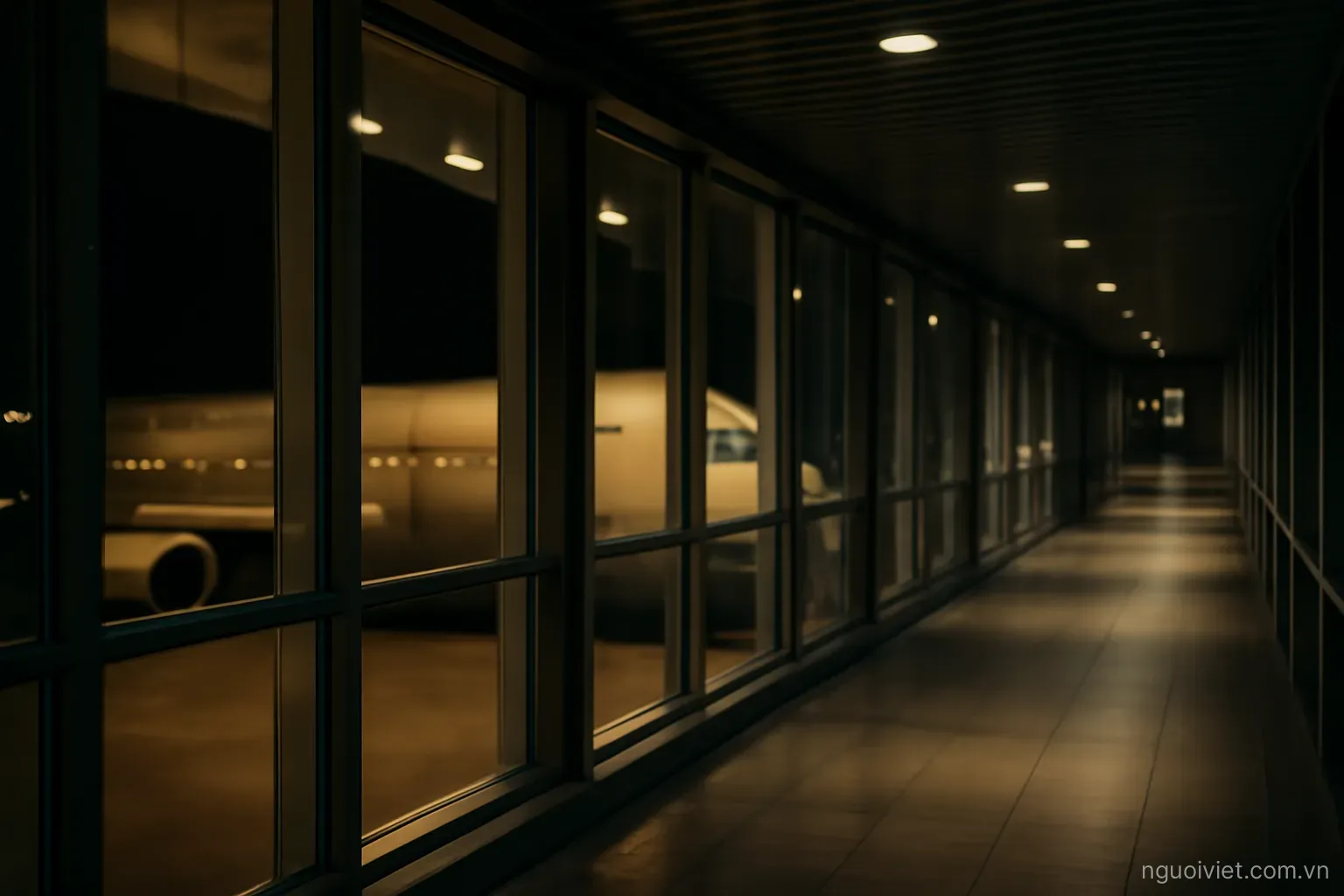 an airport walkway at night with tall lit windows and the shape of a plane outside