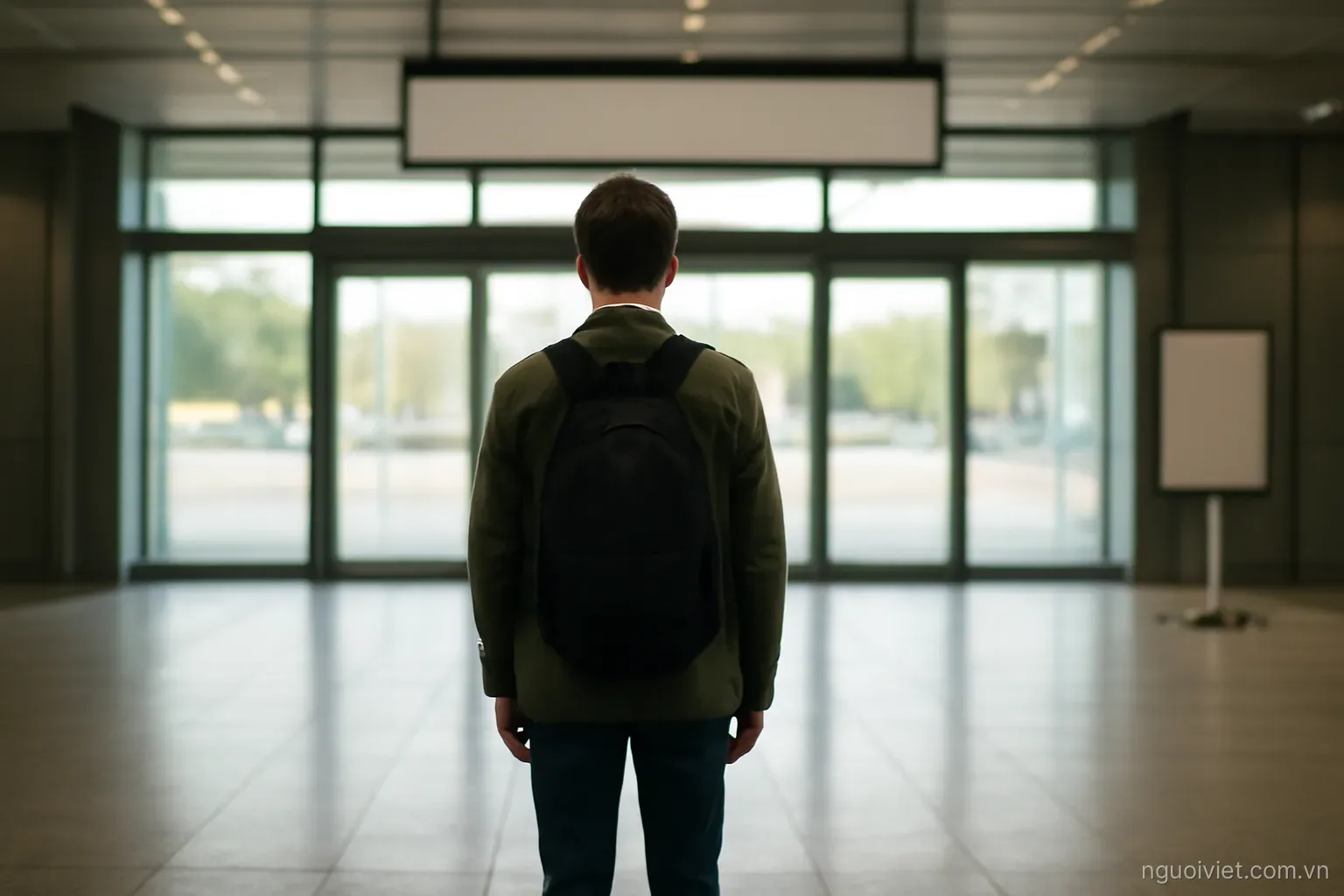 a young person standing alone at an airport arrivals hall looking toward the exit doors