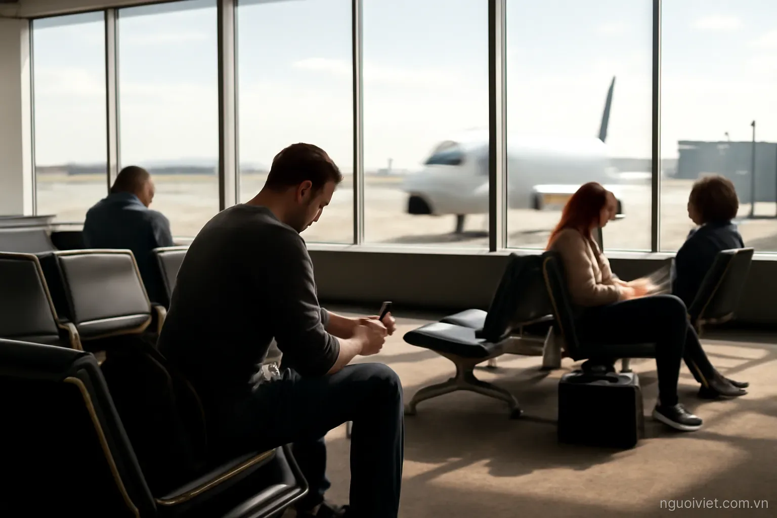 a departure gate seating area with a few travellers and large windows onto the tarmac