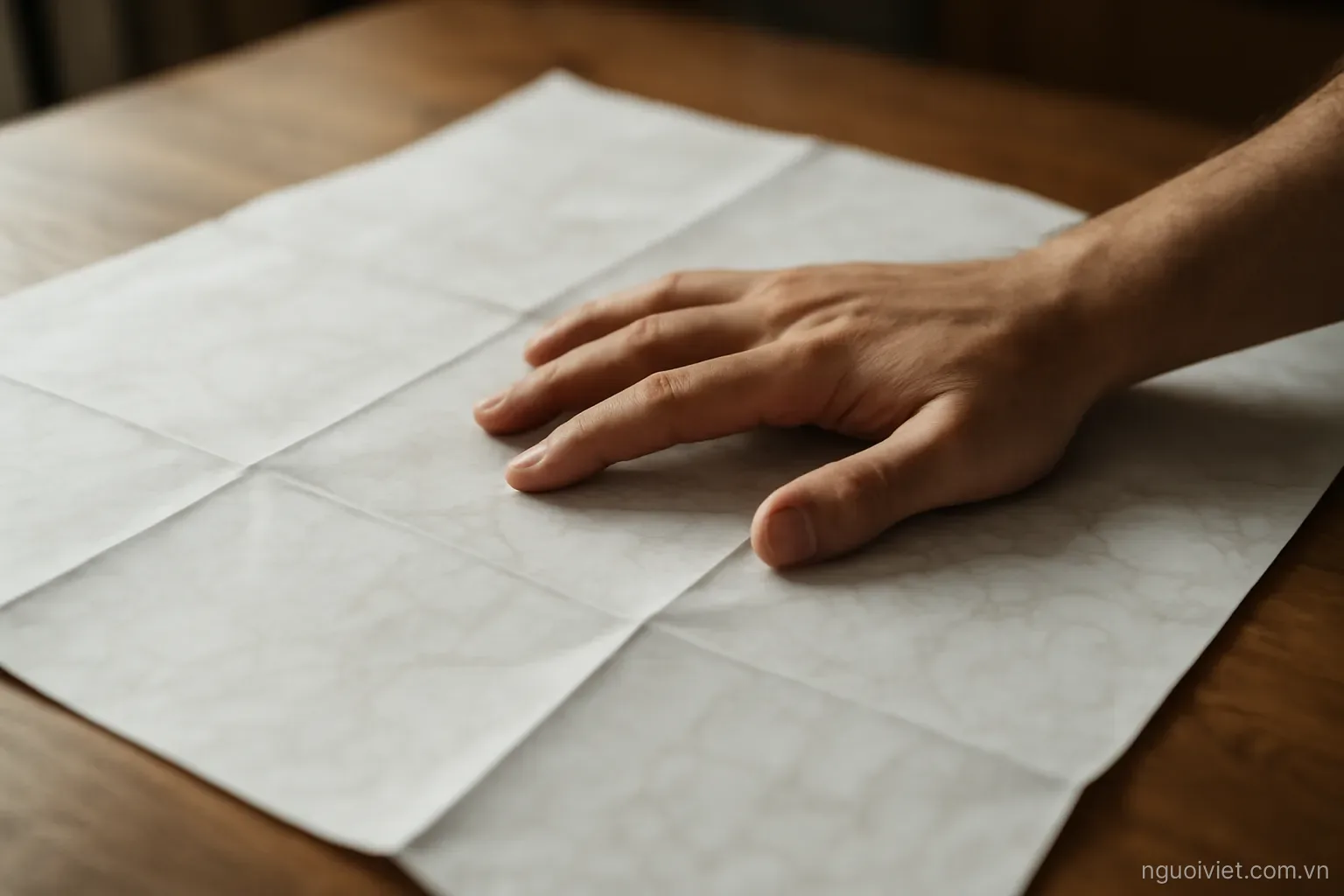 a hand resting on an unfolded paper chart spread across a wooden table in daylight
