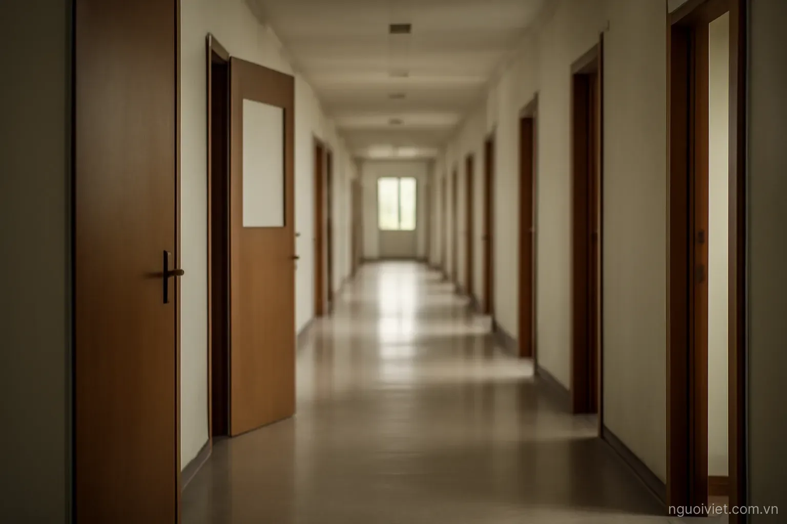 a long corridor lined with doorways where some stand open and others are closed