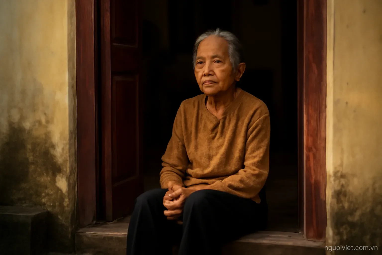 an elderly woman sitting alone in a doorway of a Vietnamese house in afternoon light