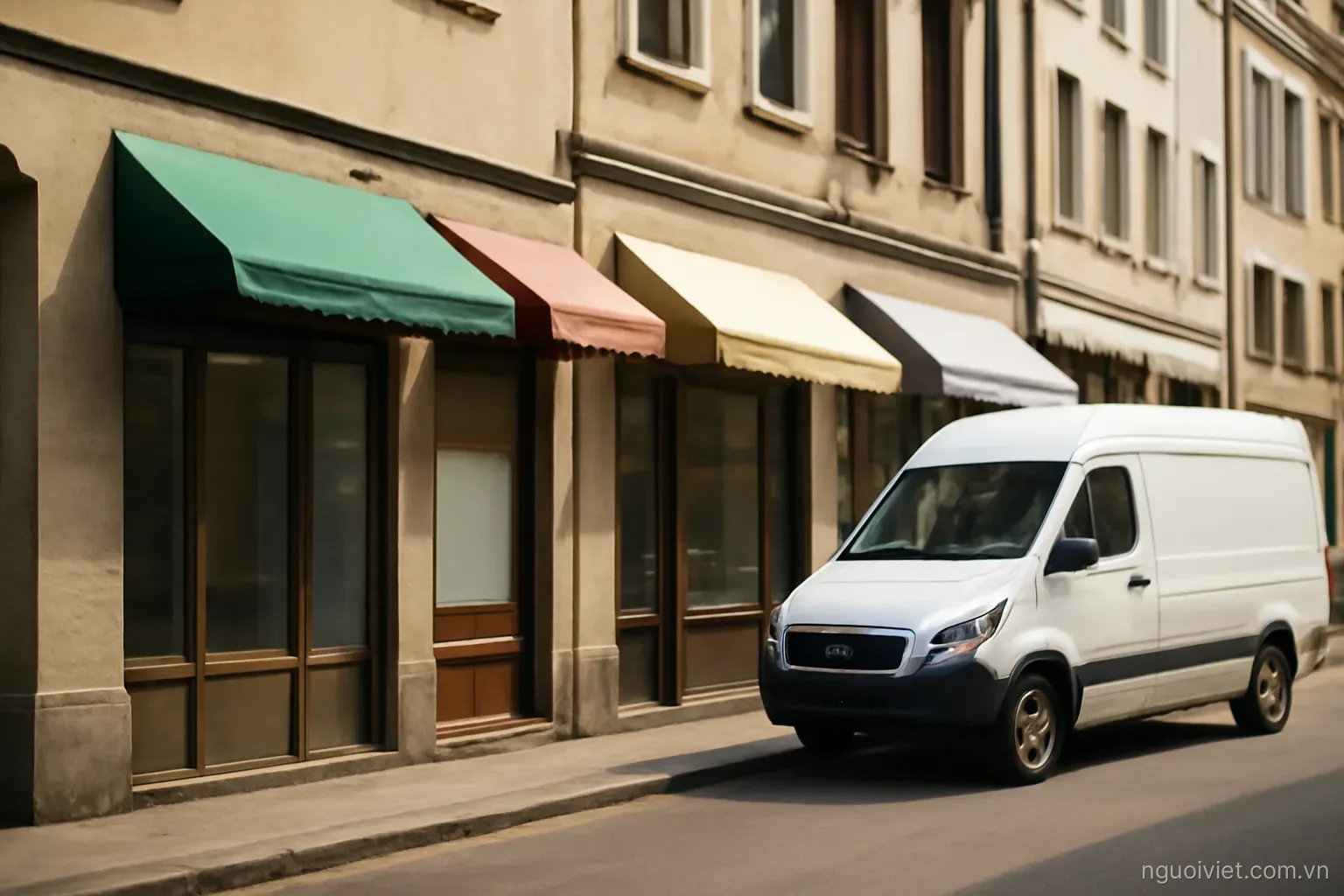 a row of small shopfronts along a street with awnings and a delivery van parked outside