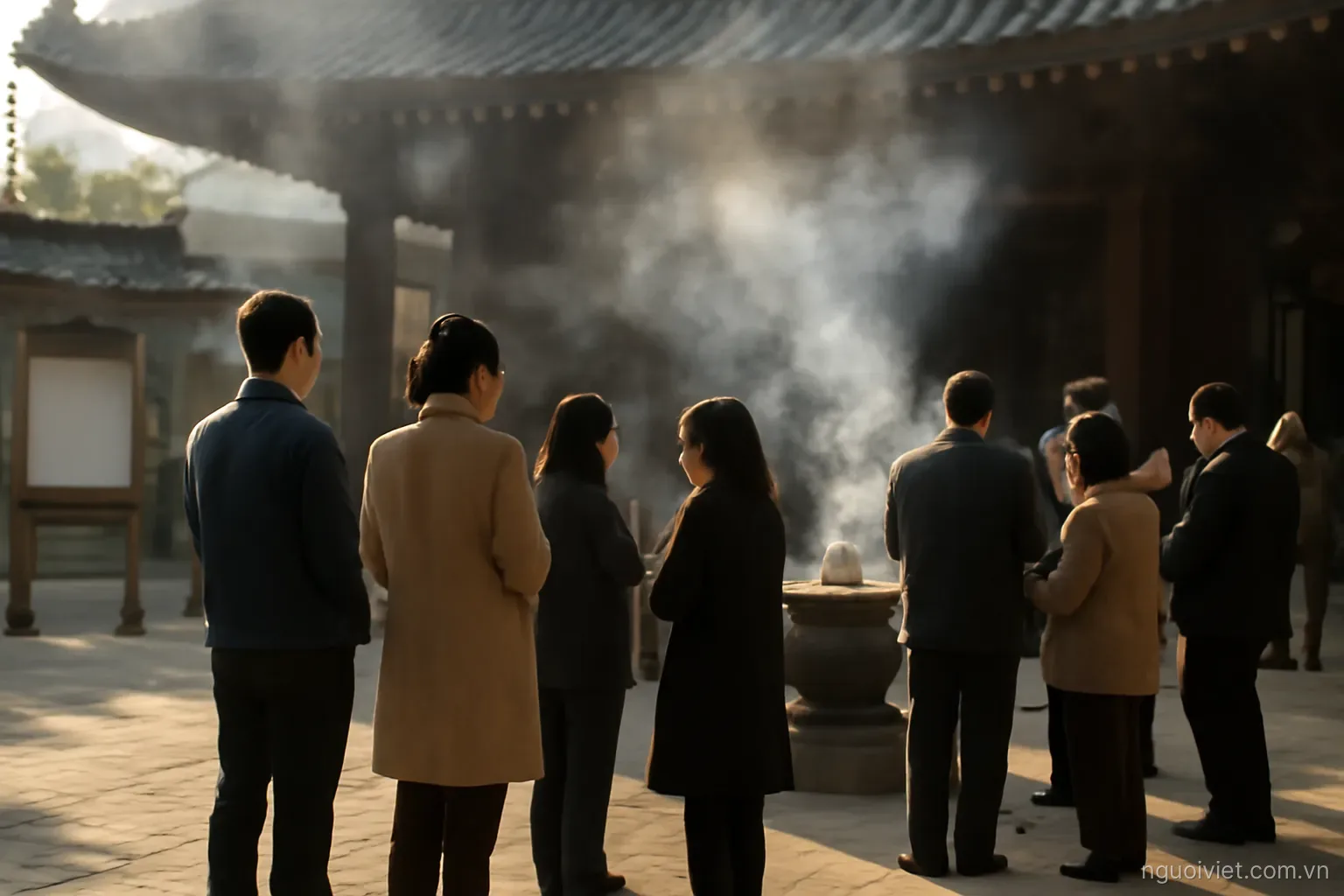 a temple courtyard in the afternoon with incense smoke and people standing together in small groups