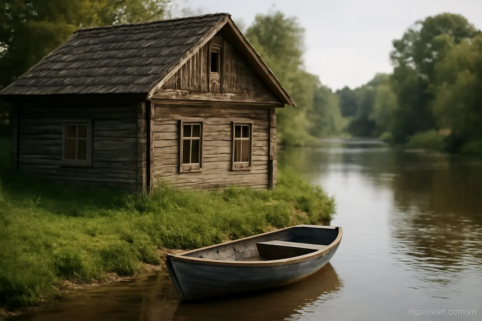 an old wooden house beside a river with a small boat tied at the bank