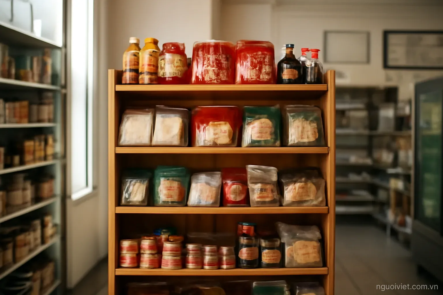a small grocery shelf stocked with Asian goods in an otherwise ordinary European shop