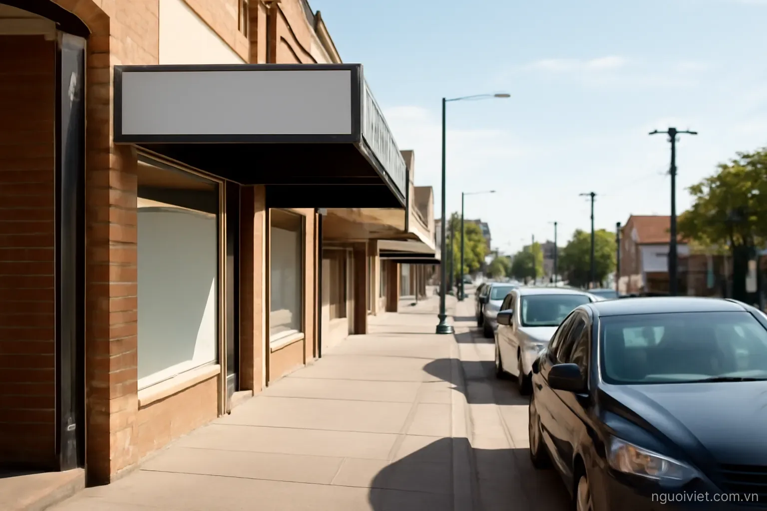 a suburban shopfront street with awnings and parked cars under a wide bright sky