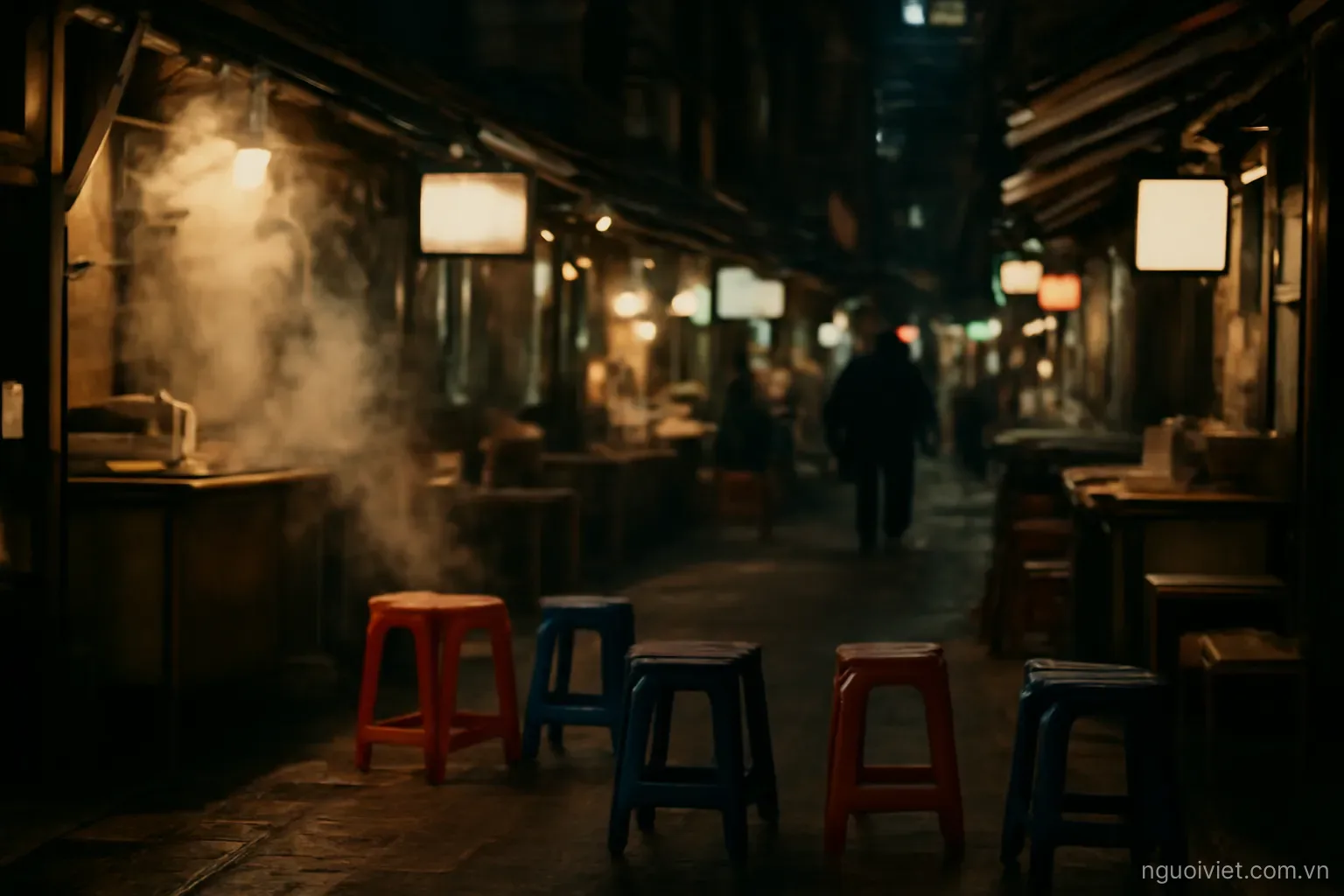 a night market alley in an East Asian city with plastic stools and steam rising