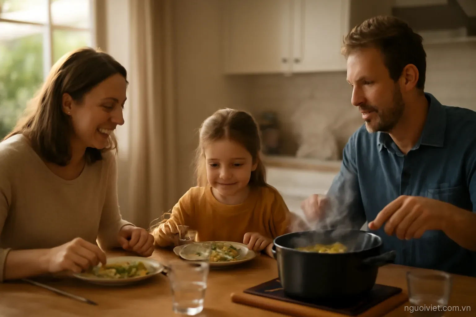 a family kitchen at dinner time with three people at the table and steam from a pot