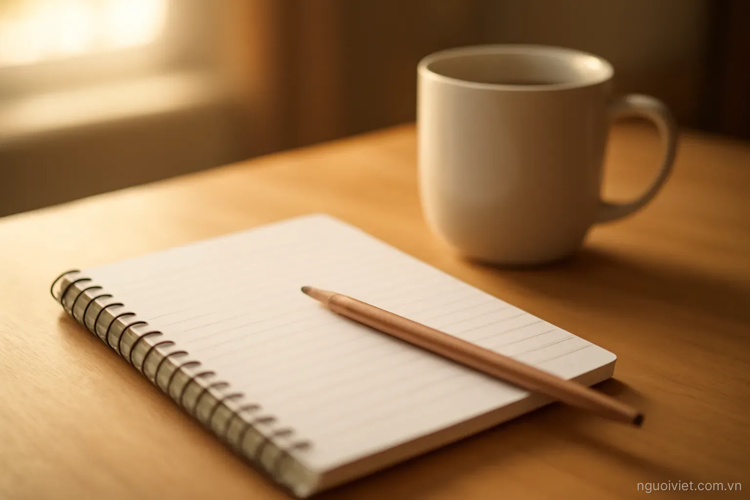 a pencil and a blank lined notebook on a desk beside a cup in morning light