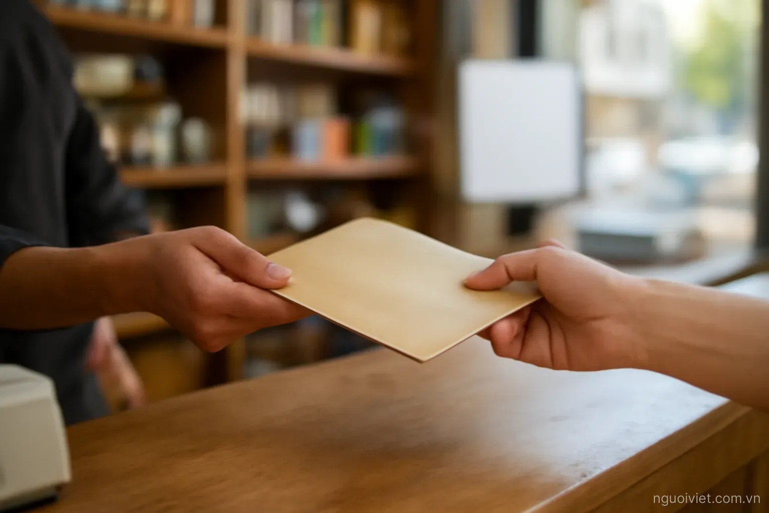 a hand passing a plain envelope across a counter at a small neighbourhood shop in daylight