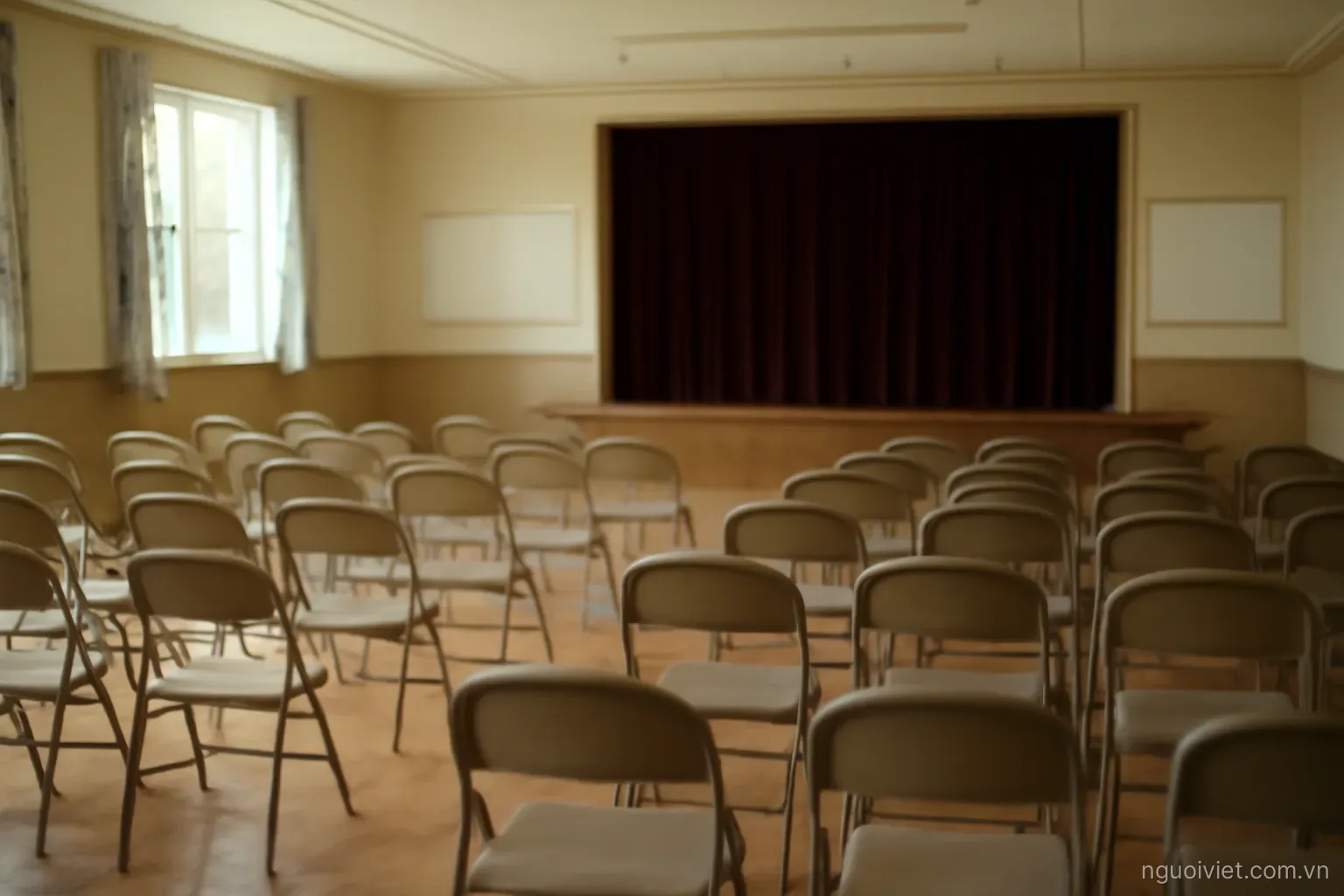 a community hall with rows of folding chairs and a small stage at one end