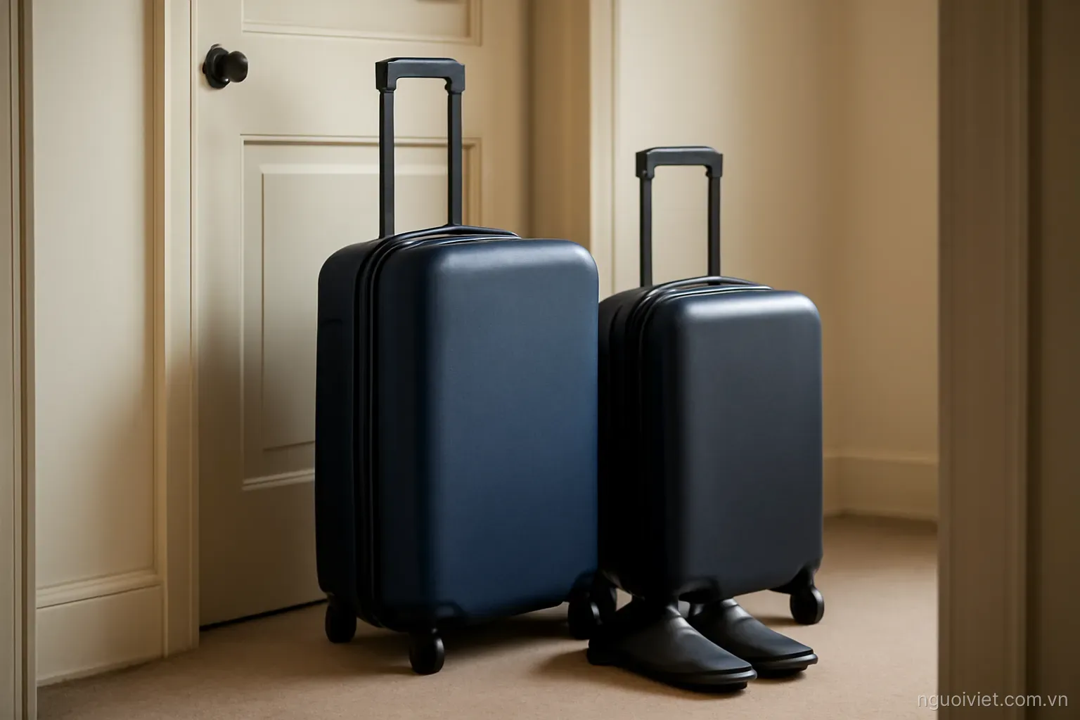 two suitcases standing by a door in an apartment hallway with one pair of shoes
