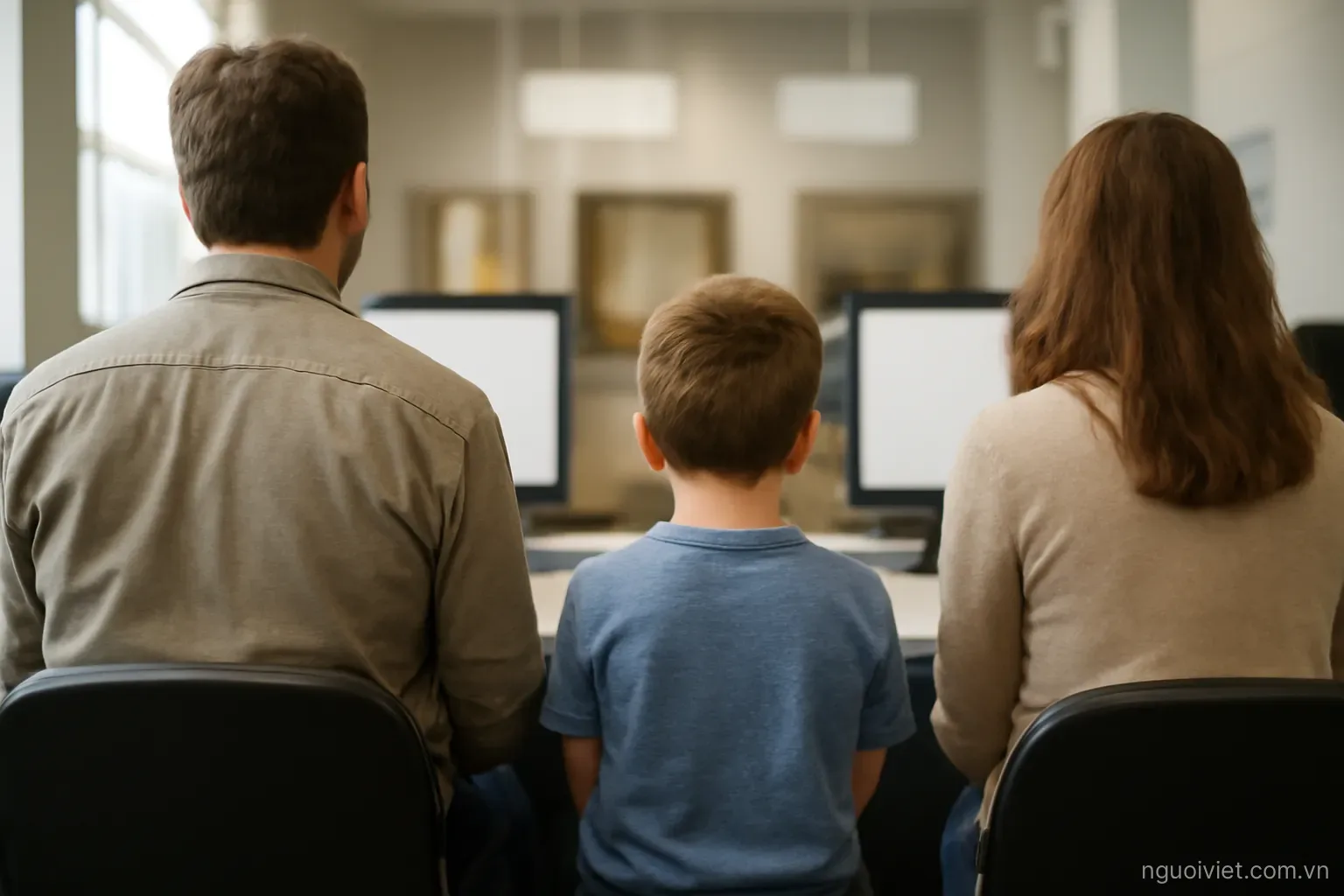 a child sitting between two adults at a counter in a public office, seen from behind