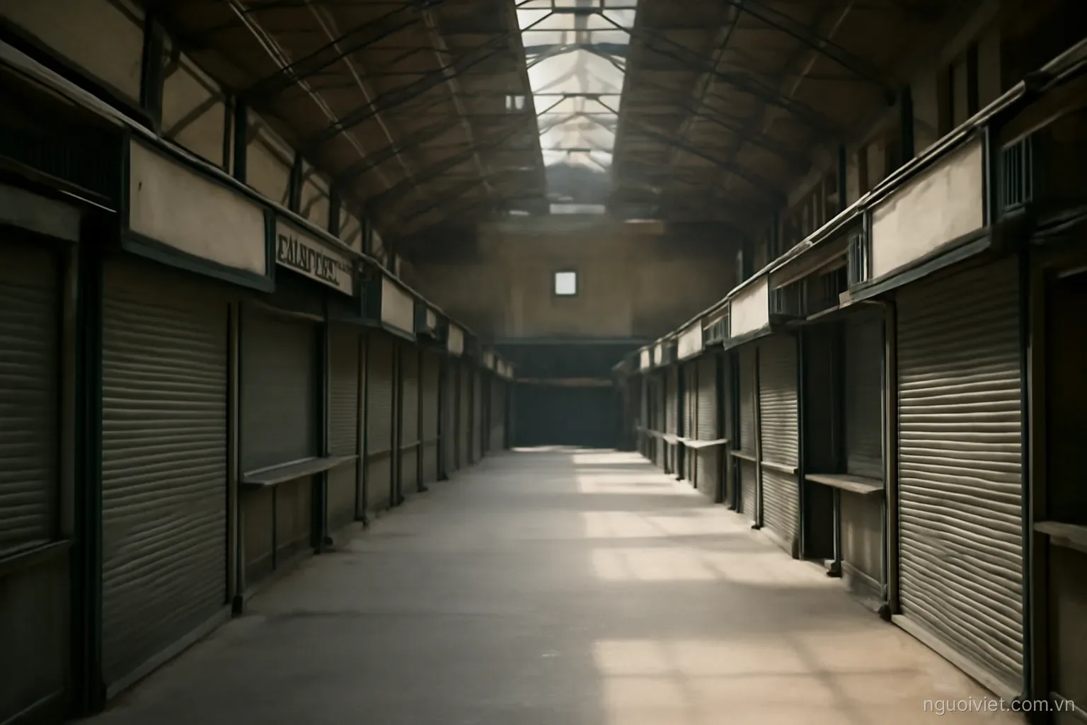an empty market hall with shuttered stalls and light falling through a high roof