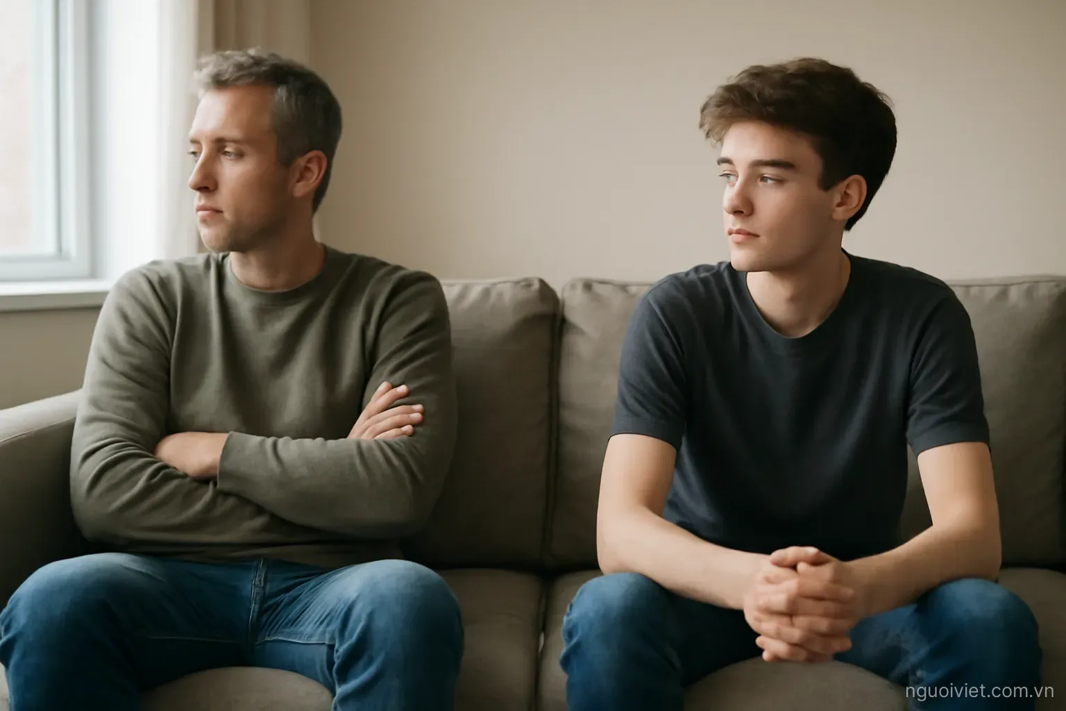 a parent and a teenager sitting at opposite ends of a sofa looking in different directions