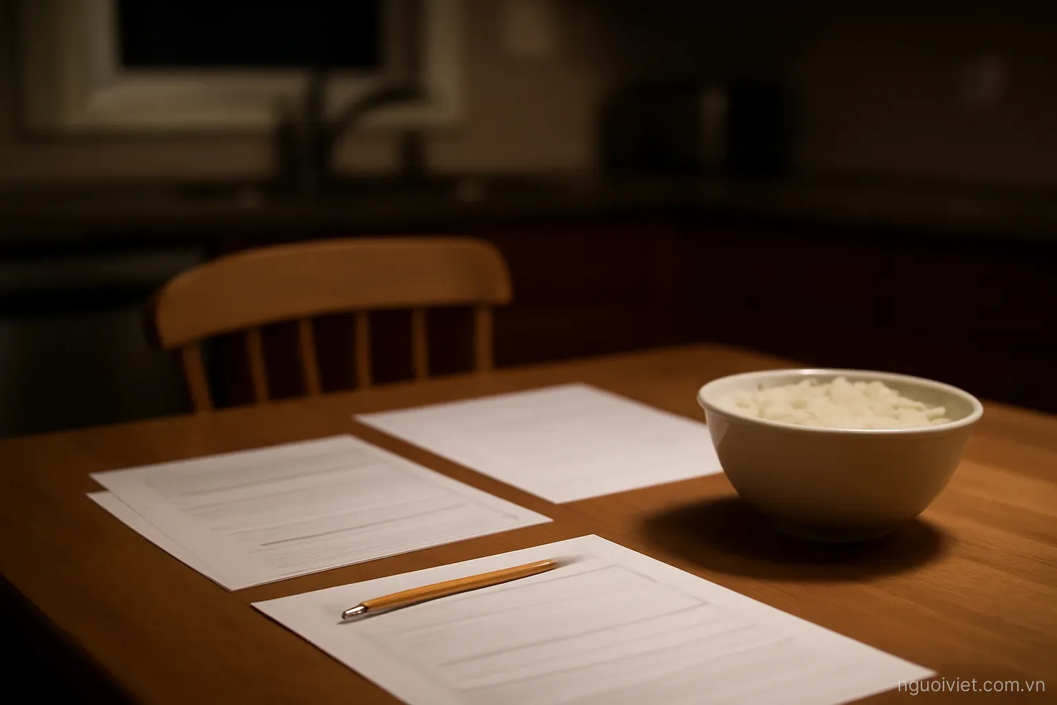 a kitchen table at night with homework papers spread out and a bowl of rice pushed aside