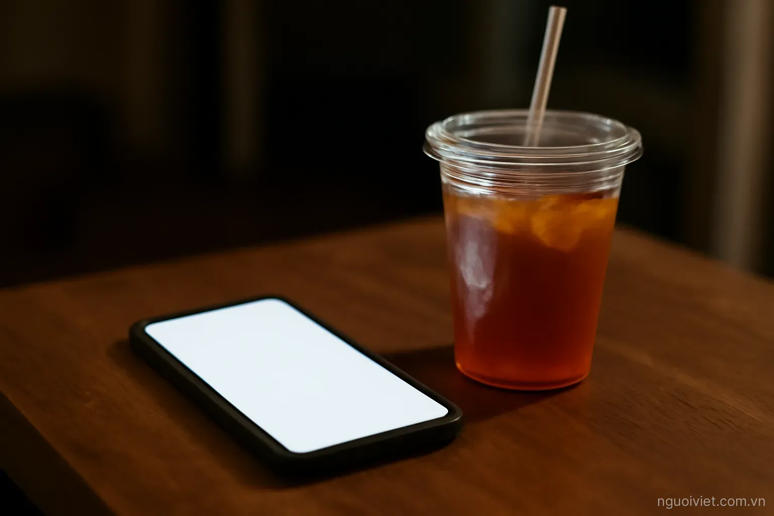 a phone lying face up on a table beside a cold cup of tea late at night