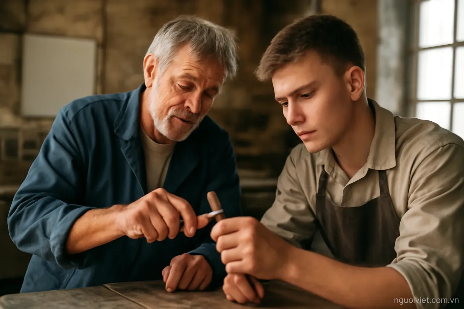 an older worker showing a younger one how to hold a tool in a small workshop
