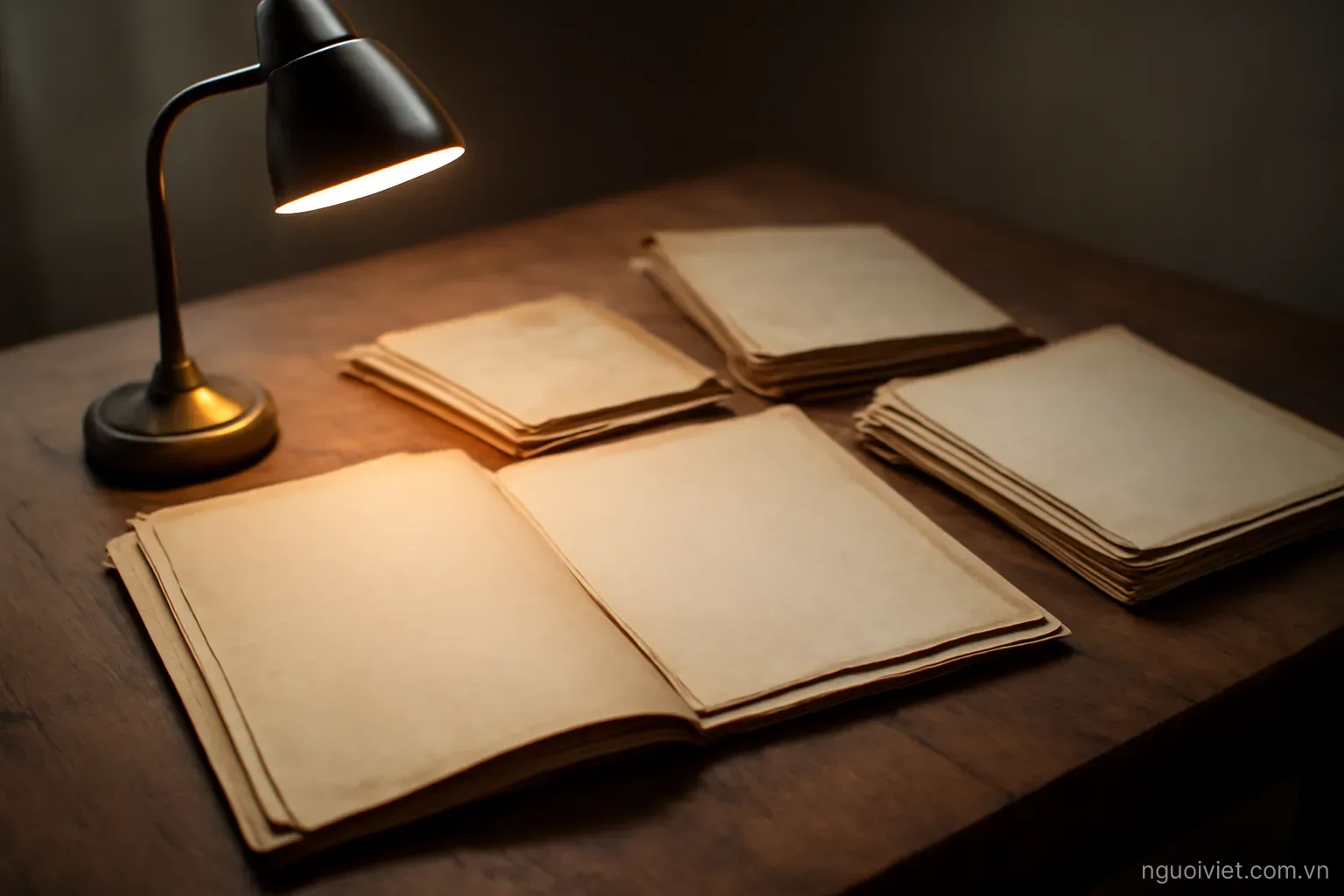 a folder of old family papers spread on a wooden table under a desk lamp