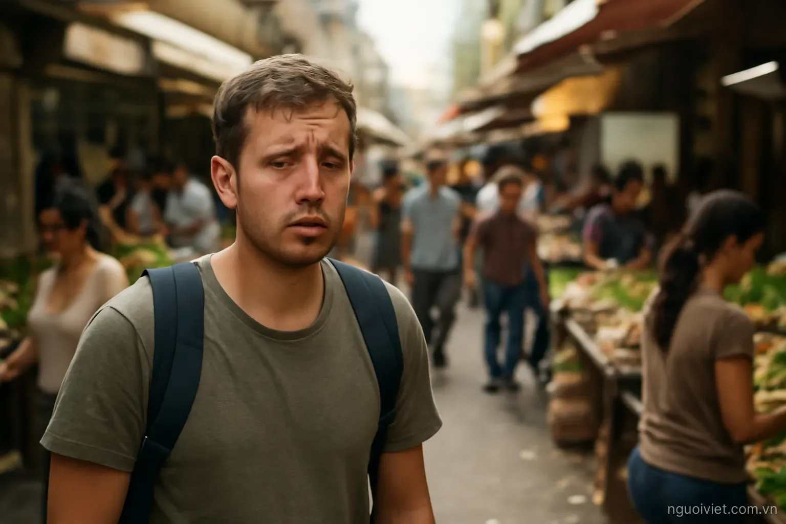 a young man standing at the edge of a crowded market looking uncertain in daylight