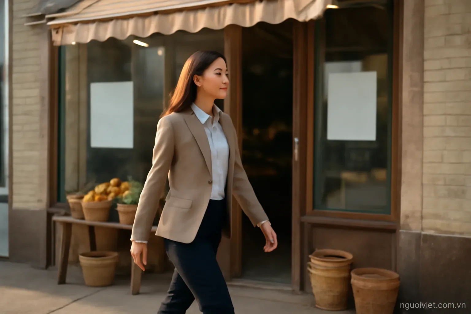 a young woman in office clothes walking past a small family shop in the morning