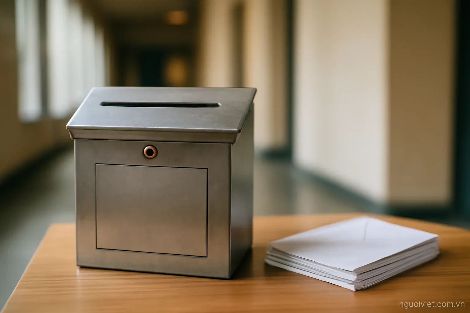 a metal collection box on a table beside a stack of plain envelopes in a hall