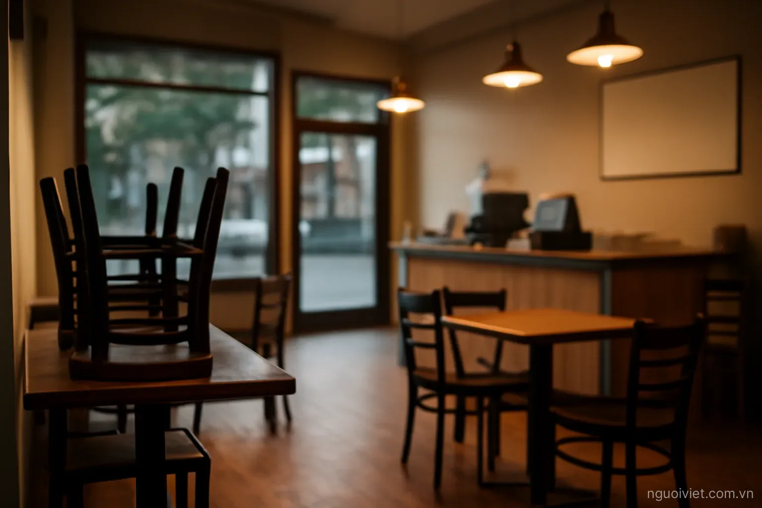 a small family business interior at closing time with chairs stacked and lights still on