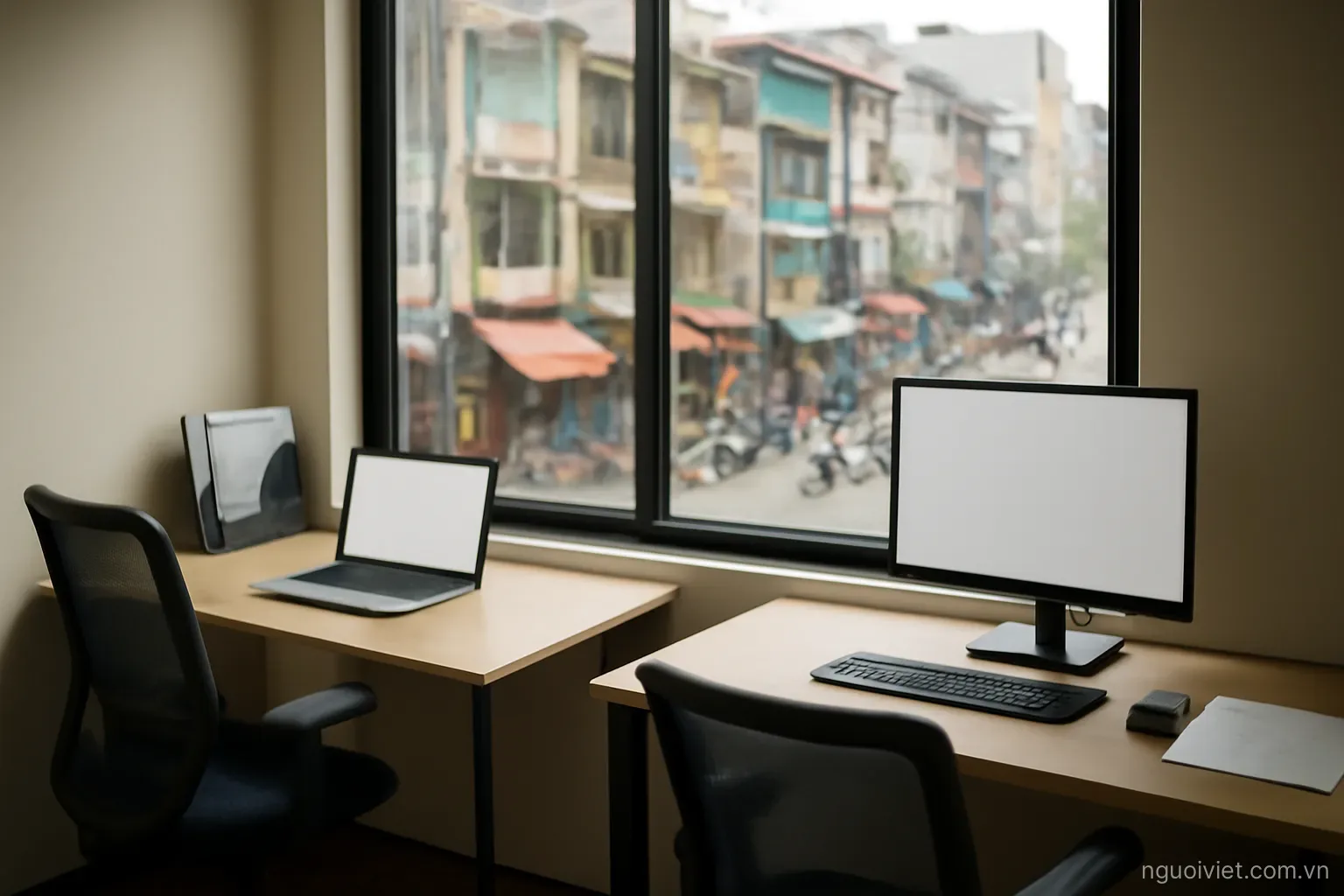 a small office with two desks and a window onto a busy Vietnamese street below
