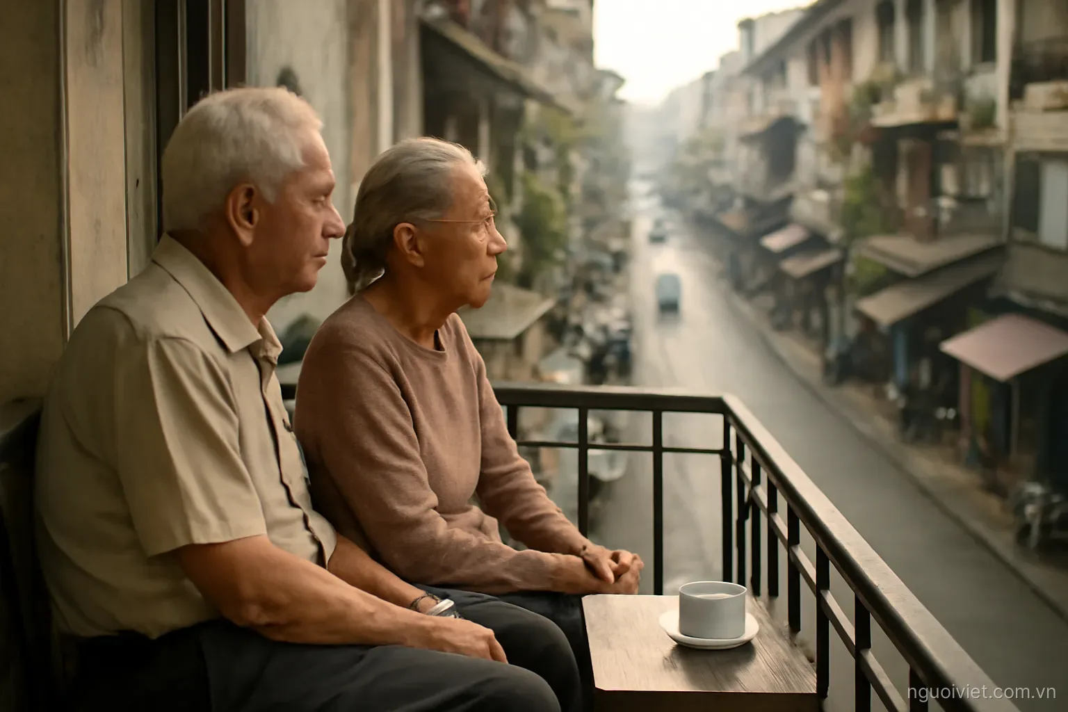 an older couple sitting on a balcony overlooking a Vietnamese street in the early morning