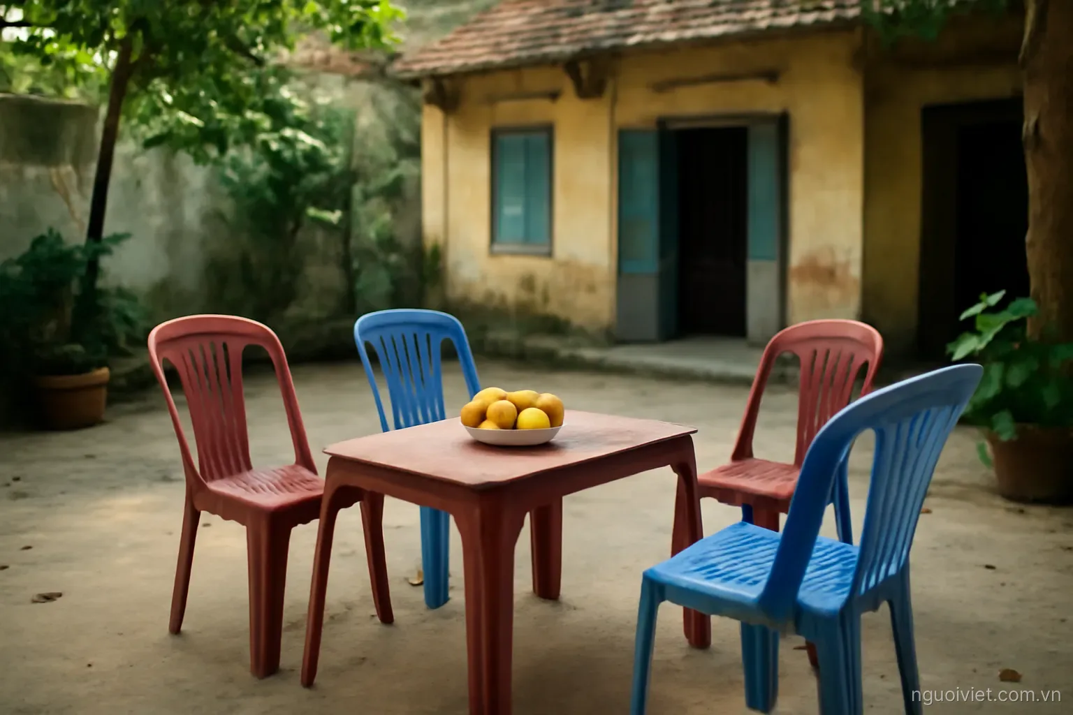 a family courtyard in Vietnam with plastic chairs set out and fruit on a table