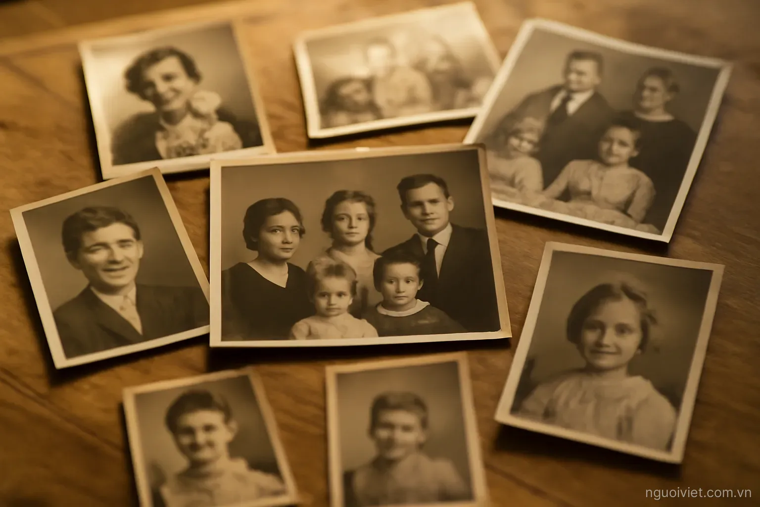 several old family photographs of different sizes spread across a wooden table in warm light